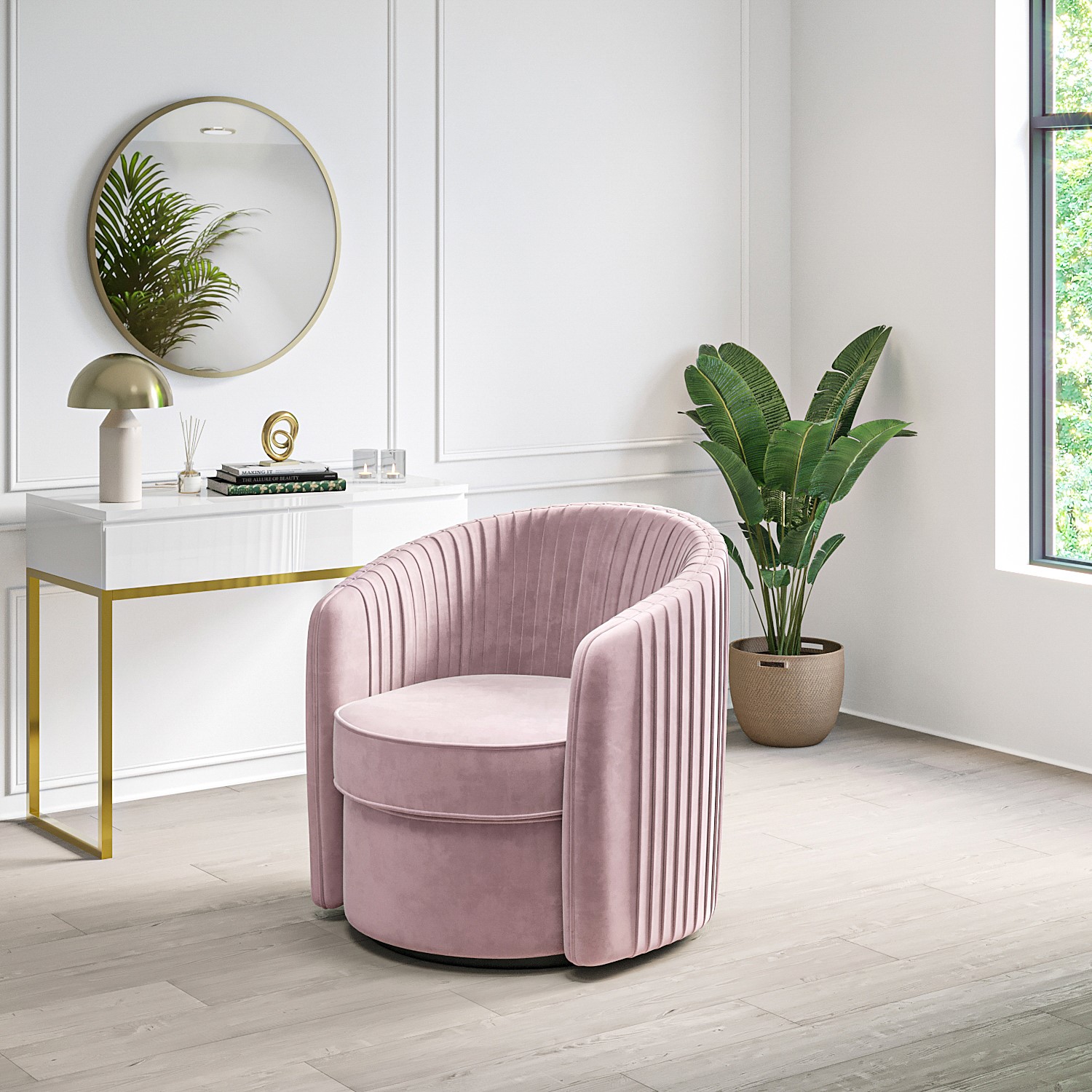 Cheska Swivel Armchair in Baby Pink Pleated Velvet