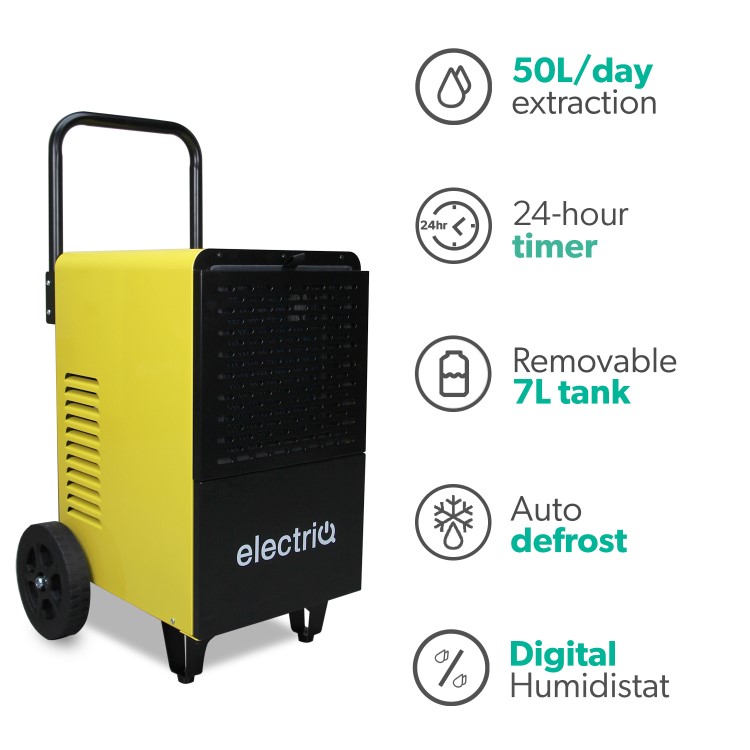GRADE A2 - electriQ 50 Litre Industrial Dehumidifier with Digital Humidistat and Timer
