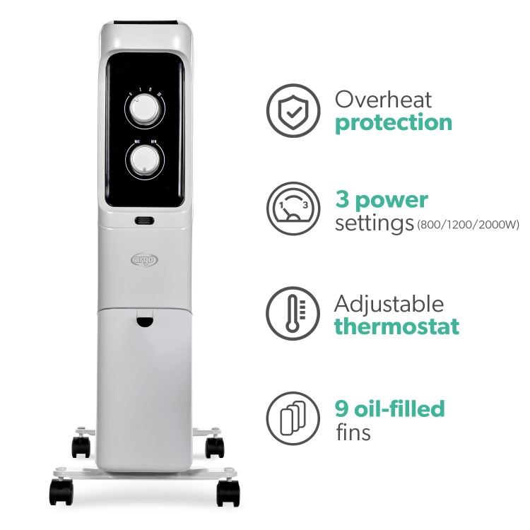 Argo Whisper 2 kw Portable Oil Filled Radiator 8 Fin with Thermostat