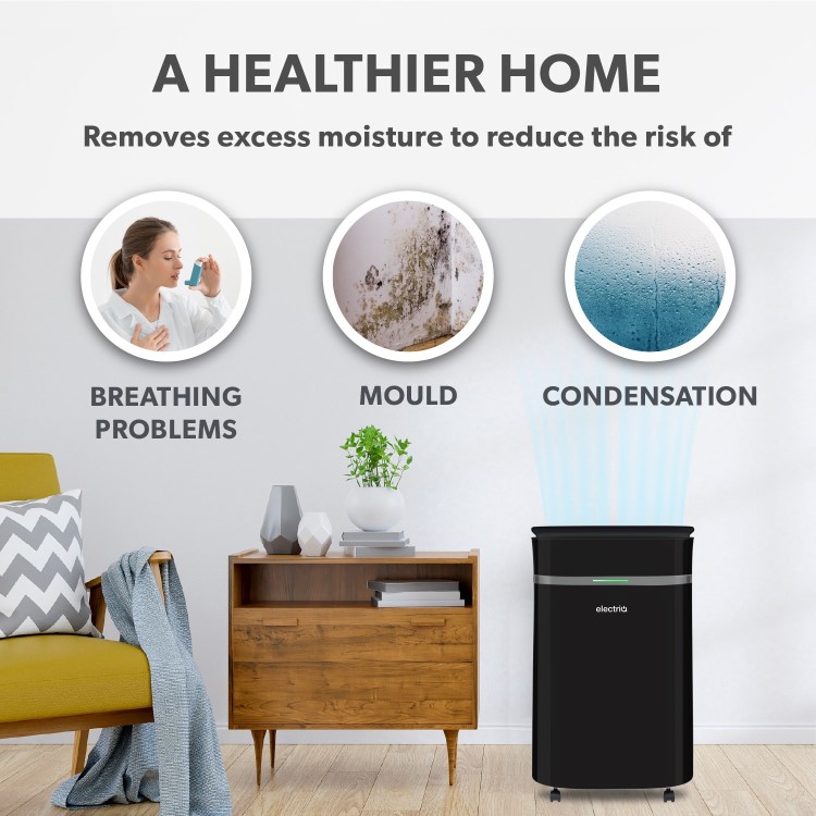 Refurbished electriQ 12L Low-Energy Quiet Laundry Dehumidifier and HEPA Air Purifier - Black