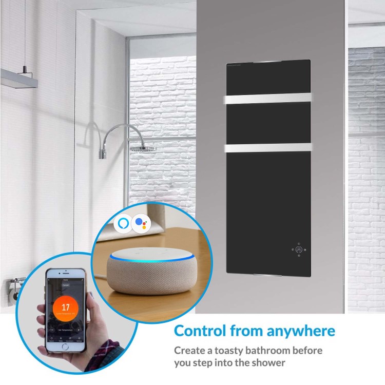 1200W Black Designer Glass Heater Wall Mounted with 2 Towel Rails and Smart WiFi Alexa - IP24 Bathroom Safe 