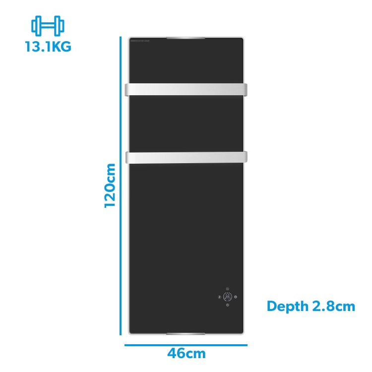 1200W Black Designer Glass Heater Wall Mounted with 2 Towel Rails and Smart WiFi Alexa - IP24 Bathroom Safe 