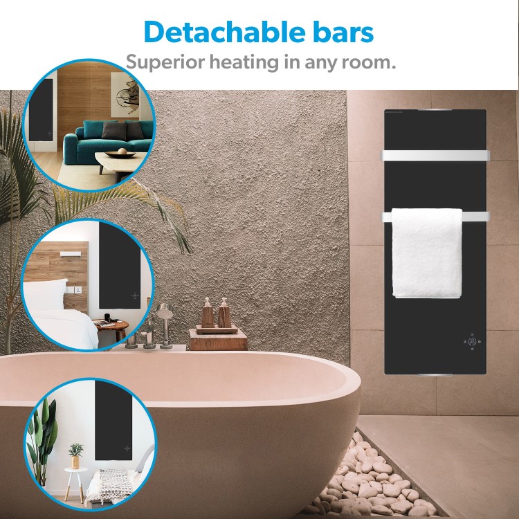 1200W Black Designer Glass Heater Wall Mounted with 2 Towel Rails and Smart WiFi Alexa - IP24 Bathroom Safe 
