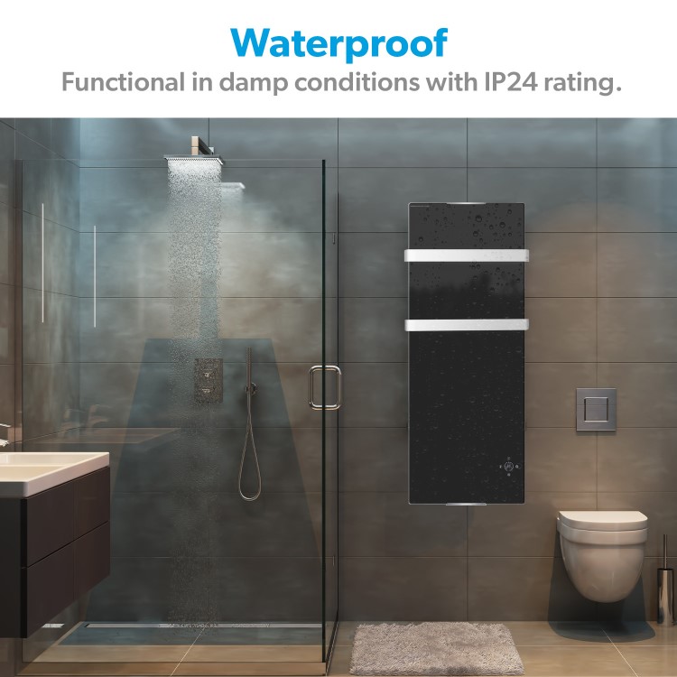 1200W Black Designer Glass Heater Wall Mounted with 2 Towel Rails and Smart WiFi Alexa - IP24 Bathroom Safe 