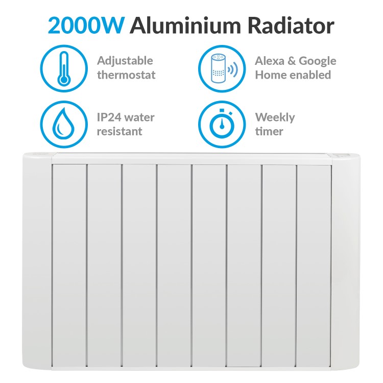 2000W Smart Low Energy Aluminium Designer Radiator - Wall Mountable& Bathroom Safe