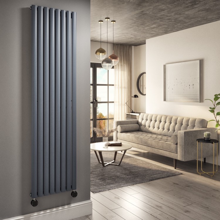 Refurbished Anthracite Electric Vertical Designer Radiator 2.4kW with Wi-Fi Thermostat - H1800xW472mm - IPX4 Bathroom Safe