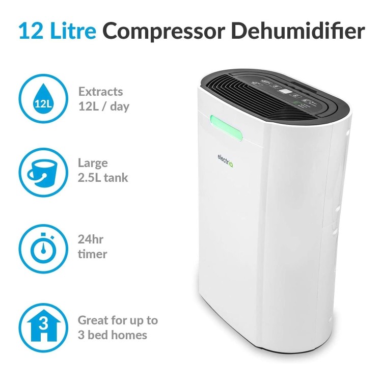 Refurbished electriQ 12 Litre Smart App Alexa Dehumidifier with Digital Humidistat and Air Purifier