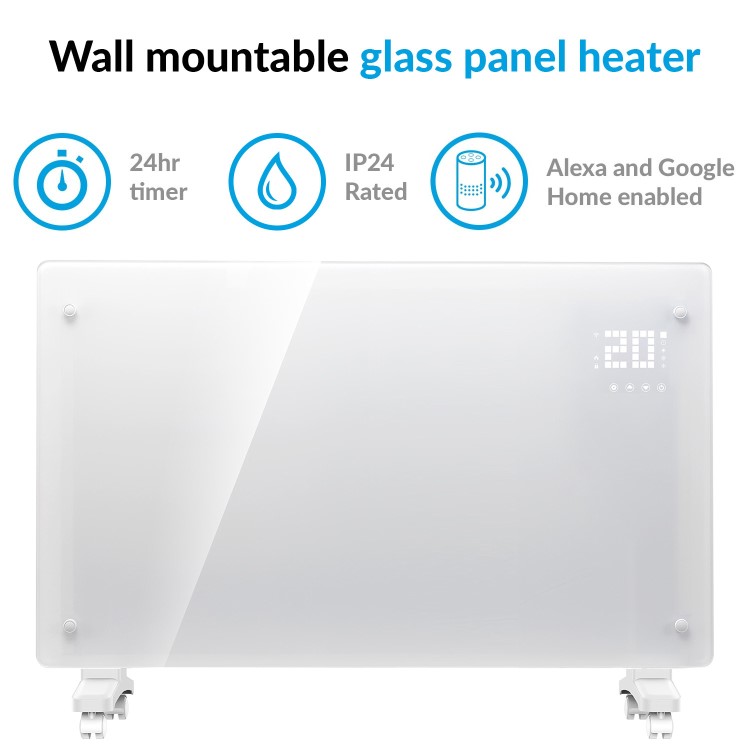 Refurbished electriQ 2500W Smart Designer Glass Panel Convection Heater - Wall Mountable & Bathroom Safe - White