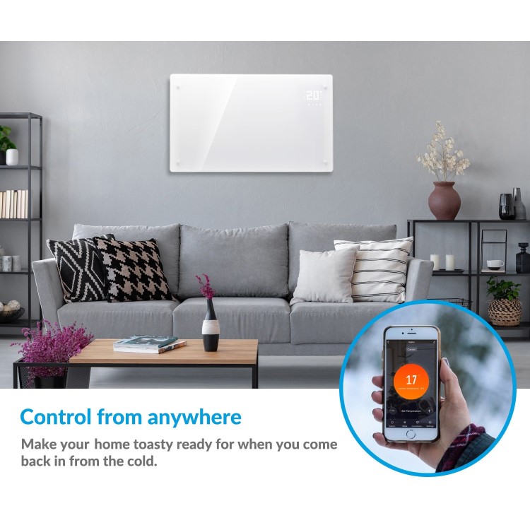 Refurbished electriQ 2500W Smart Designer Glass Panel Convection Heater - Wall Mountable & Bathroom Safe - White