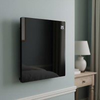 Refurbished - Low Energy 350W Smart Infrared Designer Glass Panel Heater - IP44 Bathroom Safe Wall Mountable or Free Standing 600x600mm - Black