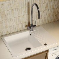 Single Bowl White Inset Composite Kitchen Utility Sink and Reversible Drainer with Chrome Dual Lever Kitchen Tap Set - Enza