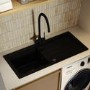 Single Bowl Black Inset Composite Kitchen Sink and Reversible Drainer with Black Dual Lever Kitchen Mixer Tap Set - Enza