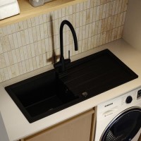 Single Bowl Black Inset Composite Kitchen Sink and Reversible Drainer with Black Dual Lever Kitchen Mixer Tap Set - Enza