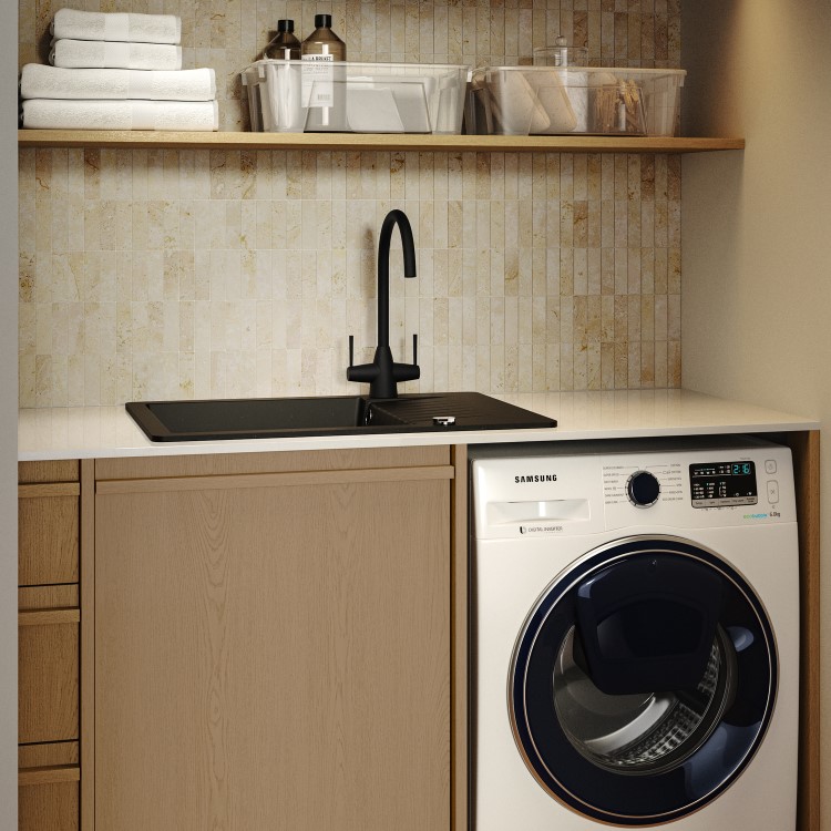 Single Bowl Black Inset Composite Kitchen or Utility Sink and Reversible Drainer with Black Dual Lever Kitchen Tap- Enza
