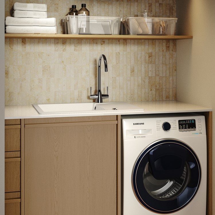 Single Bowl White Inset Composite Kitchen Utility Sink and Reversible Drainer with Chrome Dual Lever Kitchen Tap Set - Enza