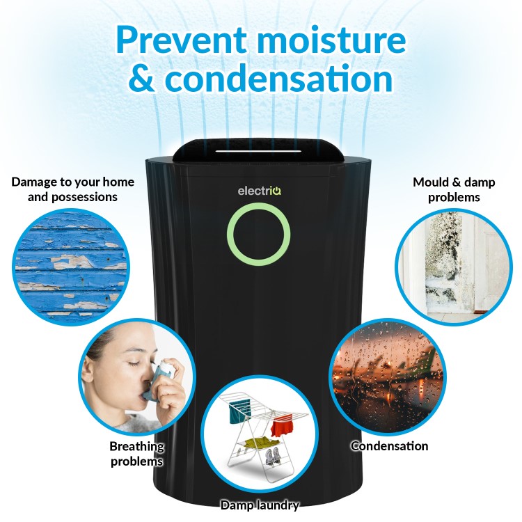 GRADE A2 - ElectriQ 12 litre Low Energy Premium  Black Dehumidifier for up to 3 bed house with Digital Humidistat and UV  Air Purifier
