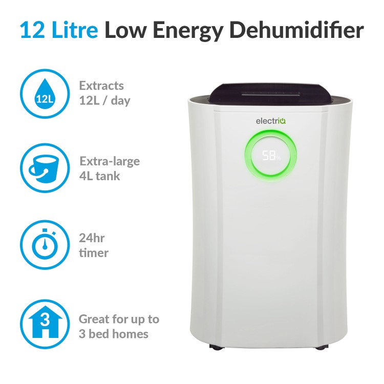 GRADE A3 - electriQ 12 Litre Low Energy UV Antibacterial Dehumidifier