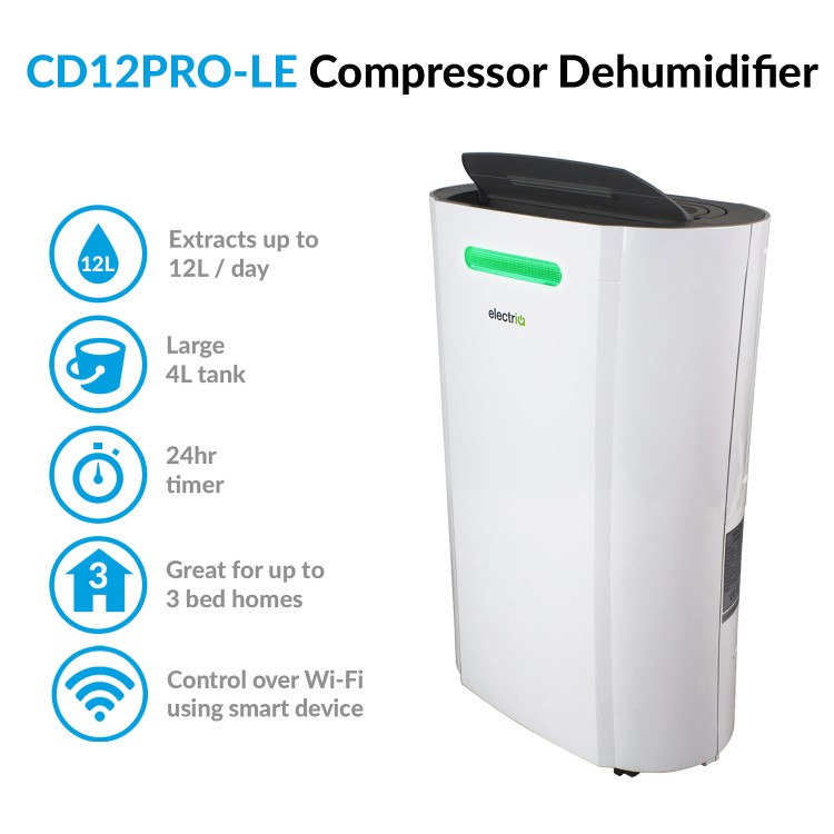 GRADE A2 - electriQ 12L Low Energy Smart App Wi-Fi Alexa Dehumidifier for up to 3 bed house with UV Air Purifier 