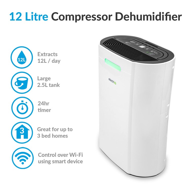 GRADE A2 - electriQ 12 Litre Smart App Alexa Dehumidifier with Digital Humidistat and Air Purifier
