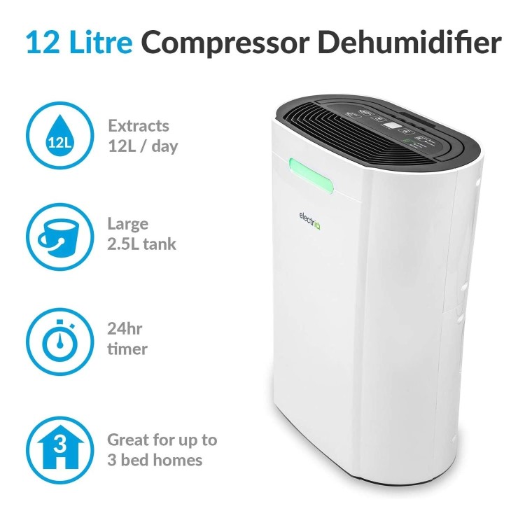 Refurbished electriQ 12 Litre Dehumidifier with Digital Humidistat and Air Purifier