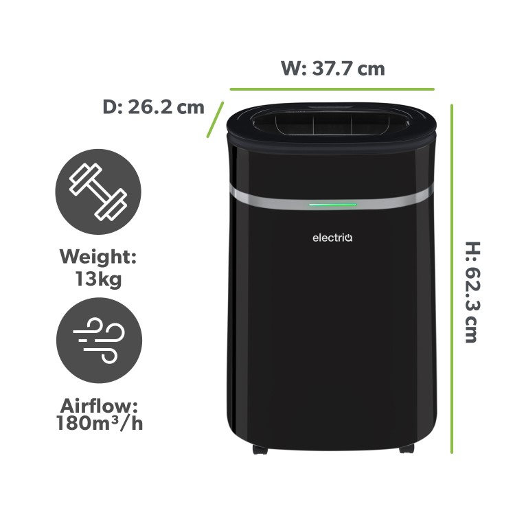 GRADE A3 - electriQ 20 Litre Black Low Energy UV Antibacterial Dehumidifier with HEPA Air Purifier