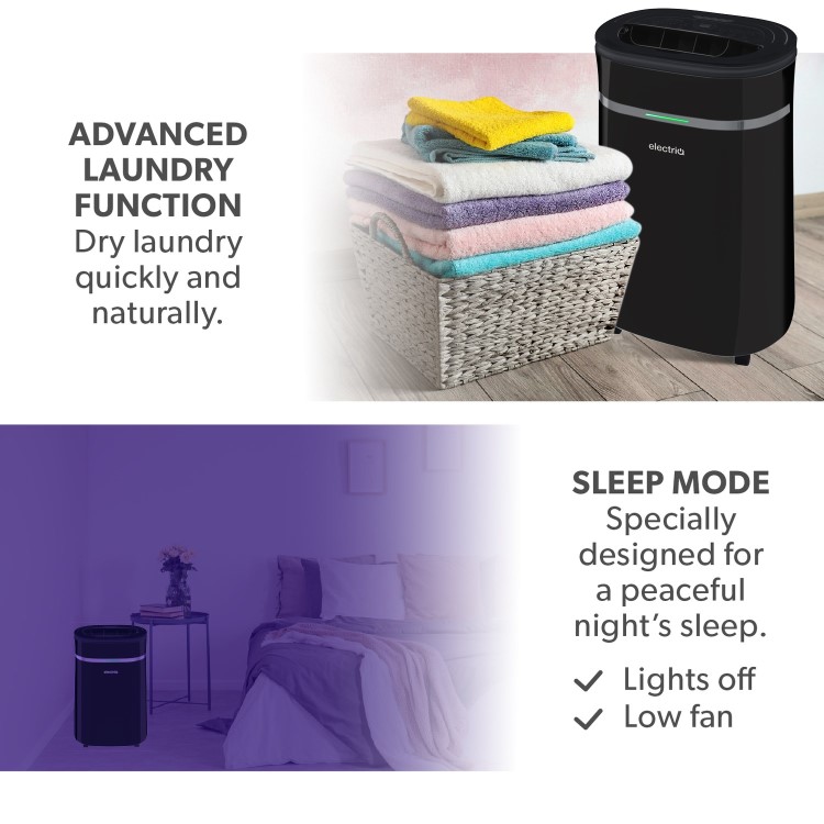GRADE A3 - electriQ 20 Litre Black Low Energy UV Antibacterial Dehumidifier with HEPA Air Purifier