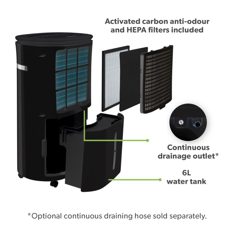 GRADE A3 - electriQ 20 Litre Black Low Energy UV Antibacterial Dehumidifier with HEPA Air Purifier