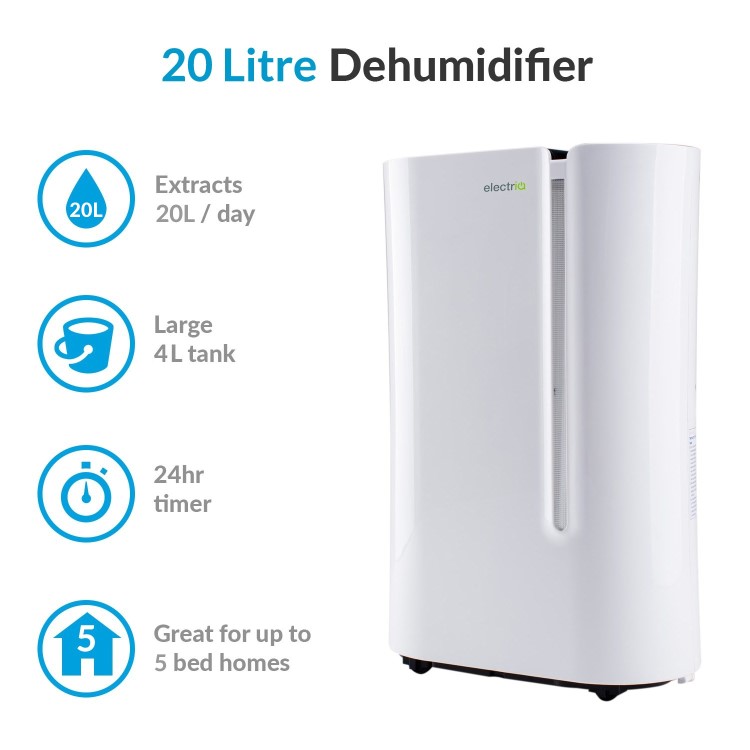 GRADE A1 - electriQ 20 Litre Dehumidifier with Humidistat for 2 to 5 Bed Homes