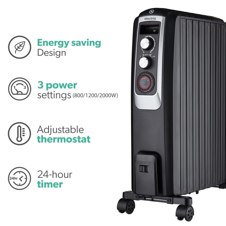 GRADE A3 - electriQ Portable 8 Fin Oil Filled Radiator - Black