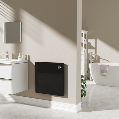 Refurbished - Low Energy 350W Smart Infrared Designer Glass Panel Heater - IP44 Bathroom Safe Wall Mountable or Free Standing 600x600mm - Black
