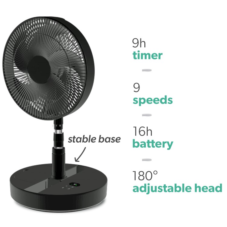 Refurbished electriQ 12-inch Rechargeable and Foldable Black Quiet DC Pedestal Fan