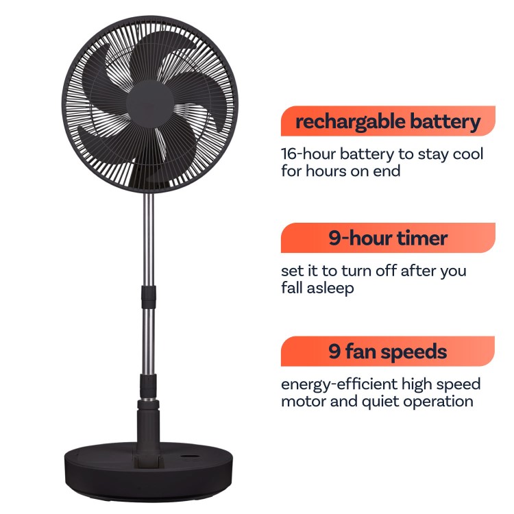 electriQ 12-inch Rechargeable Quiet Foldable DC Pedestal Fan - Indoor & Outdoor - Black