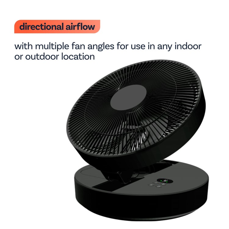 electriQ 12-inch Rechargeable Quiet Foldable DC Pedestal Fan - Indoor & Outdoor - Black