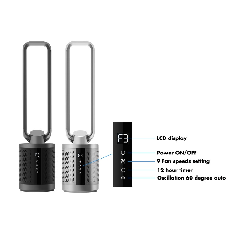 GRADE A2 - 38 inch Quiet Pure Cool Bladeless HEPA Purifying Tower Fan with Remote Control Timer and Oscillation - Black