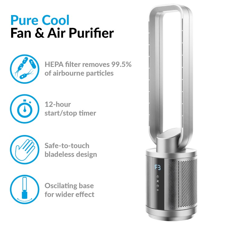 38 inch Quiet Pure Cool Bladeless HEPA Purifying Tower Fan with Remote Control Timer and Oscillation - Silver