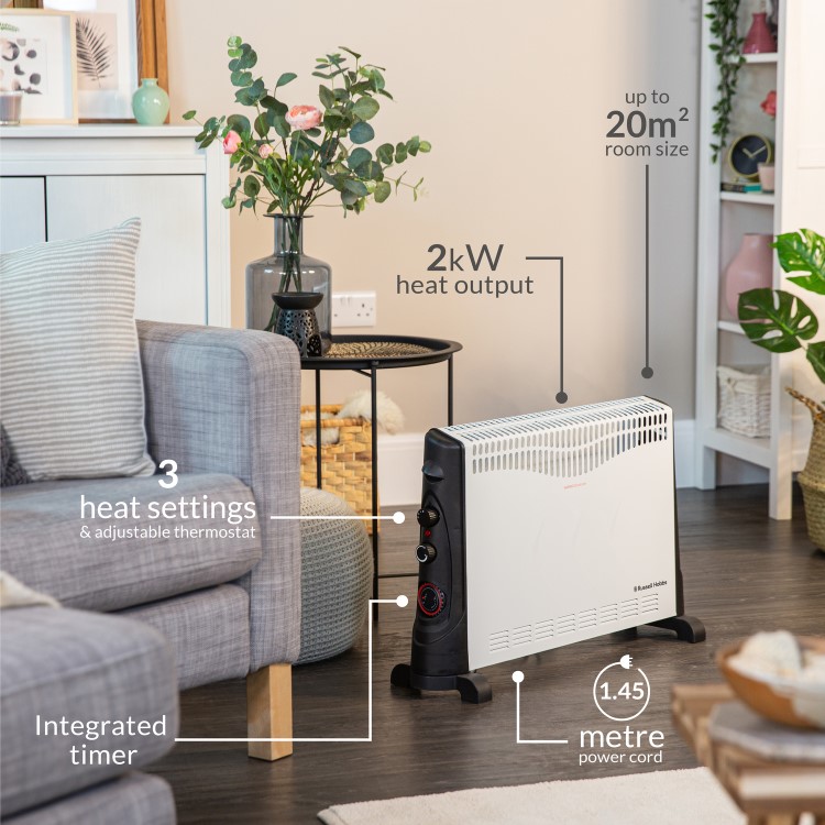 Russell Hobbs 2KW Convector Heater with Adjustable Thermostat and Timer