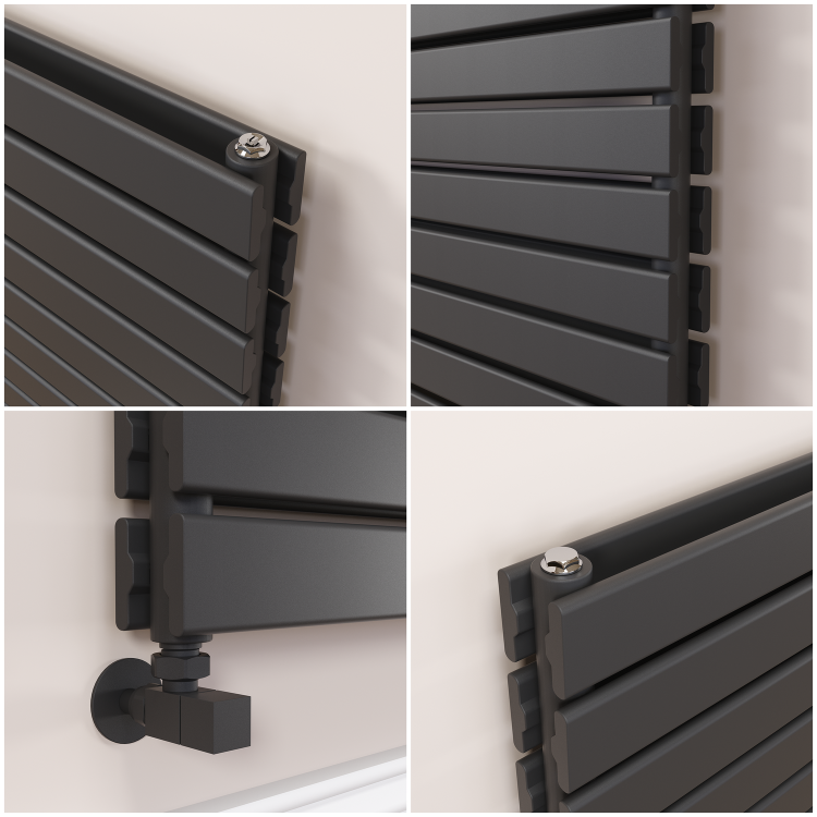 Refurbished Riace Linea Midnight Black Flat Designer Radiator 770x800mm Double Panel 3720 BTU - Horizontal Bars