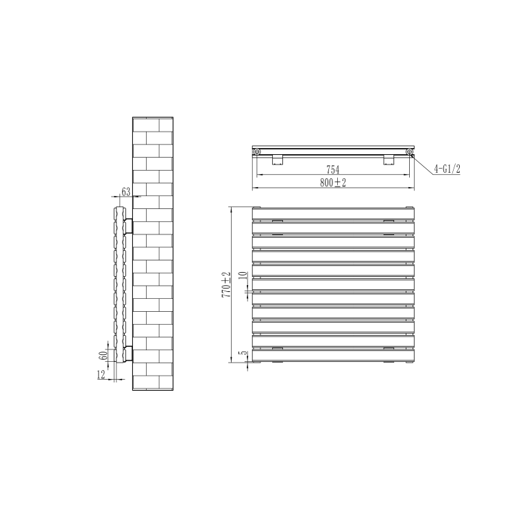 Refurbished Riace Linea Midnight Black Flat Designer Radiator 770x800mm Double Panel 3720 BTU - Horizontal Bars