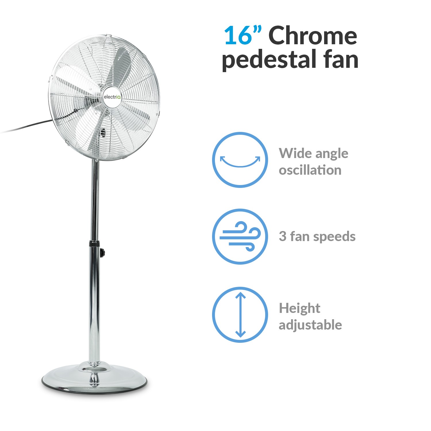 16 Inch Fan Buy electriQ 16 Inch Oscillating Pedestal Fan - Chrome from Aircon Direct