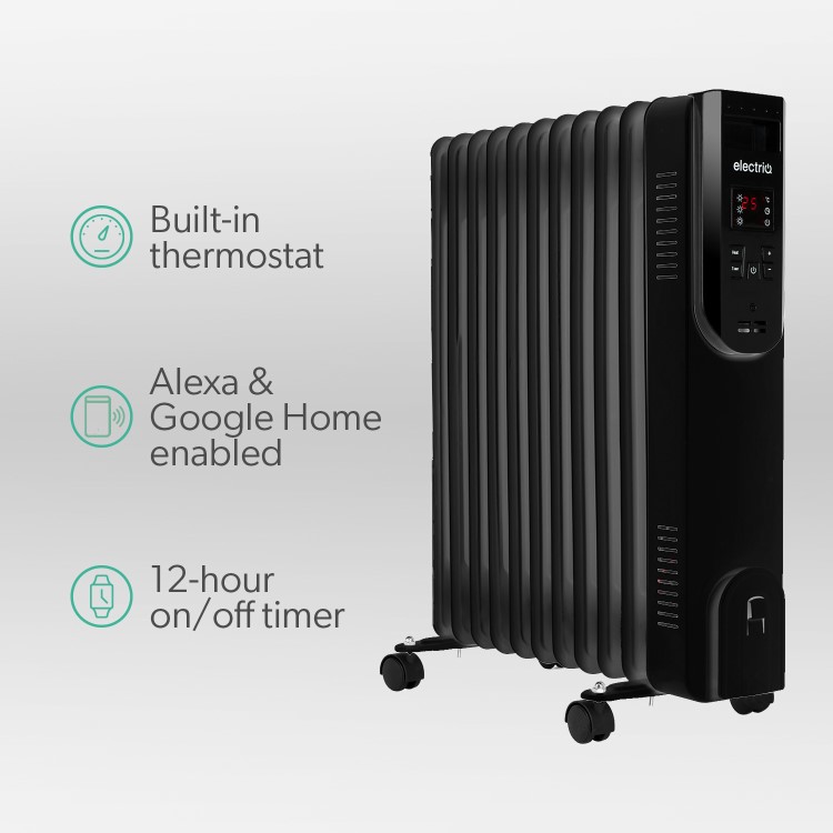 Refurbished electriQ 2.5kw Black Smart WiFi Alexa Oil Filled Radiator 11 Fin  24 hour and Weekly Timer with Thermostat and Remote 