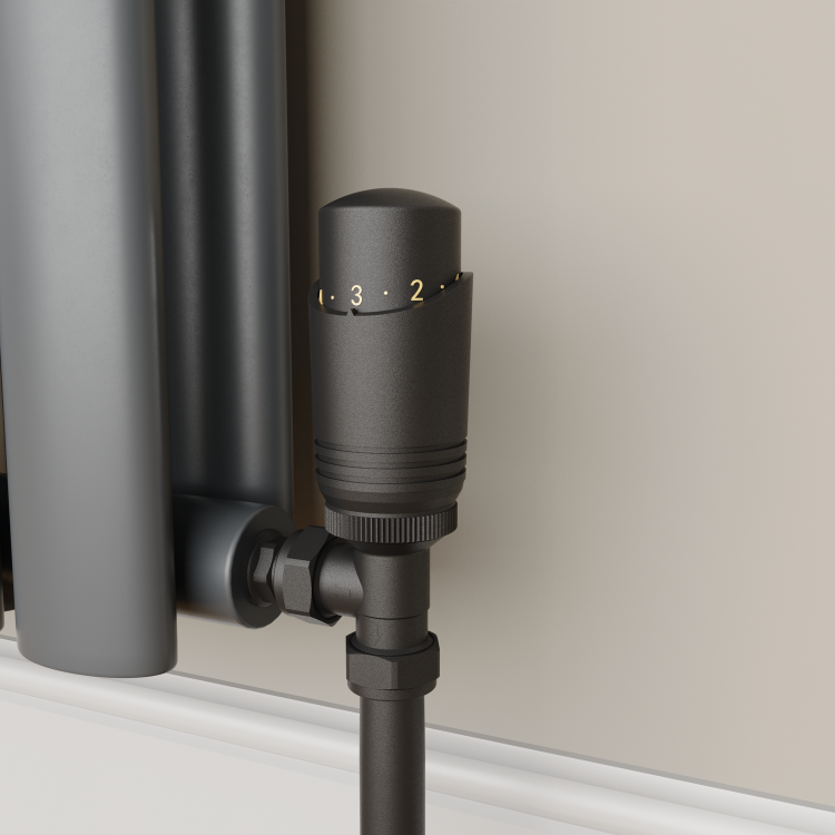 Refurbished - Elego Matte Black Modern TRV Angled Thermostatic Radiator Valves With Lockshield