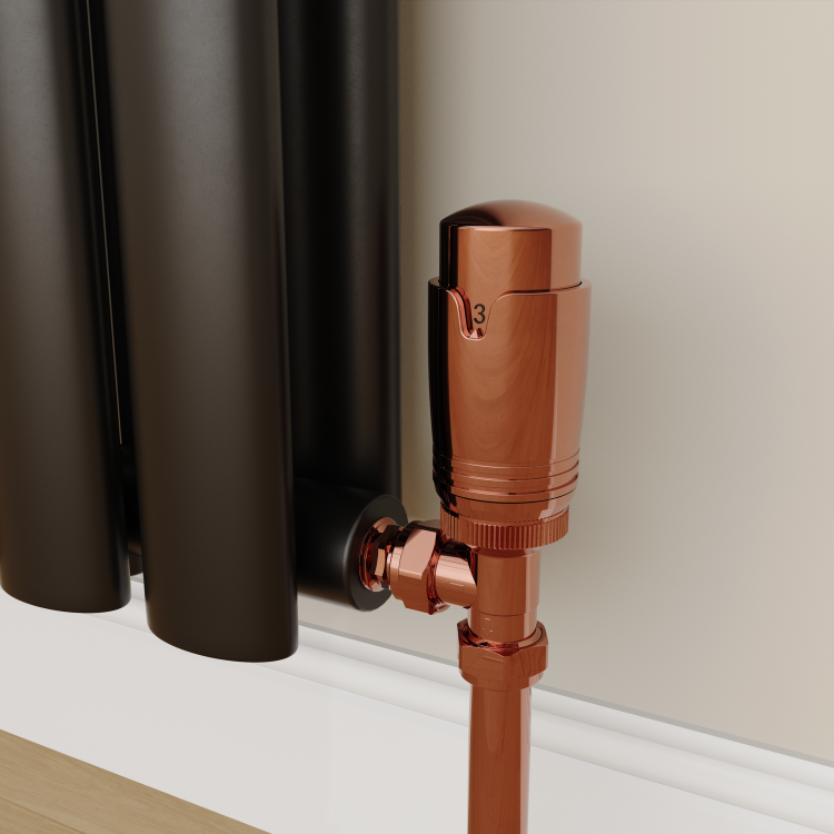 Elego Copper Modern TRV Angled Thermostatic Radiator Valves With Lockshield