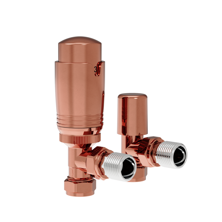 Elego Copper Modern TRV Angled Thermostatic Radiator Valves With Lockshield