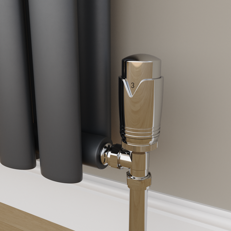 Elego Chrome Modern TRV Angled Thermostatic Radiator Valves With Lockshield