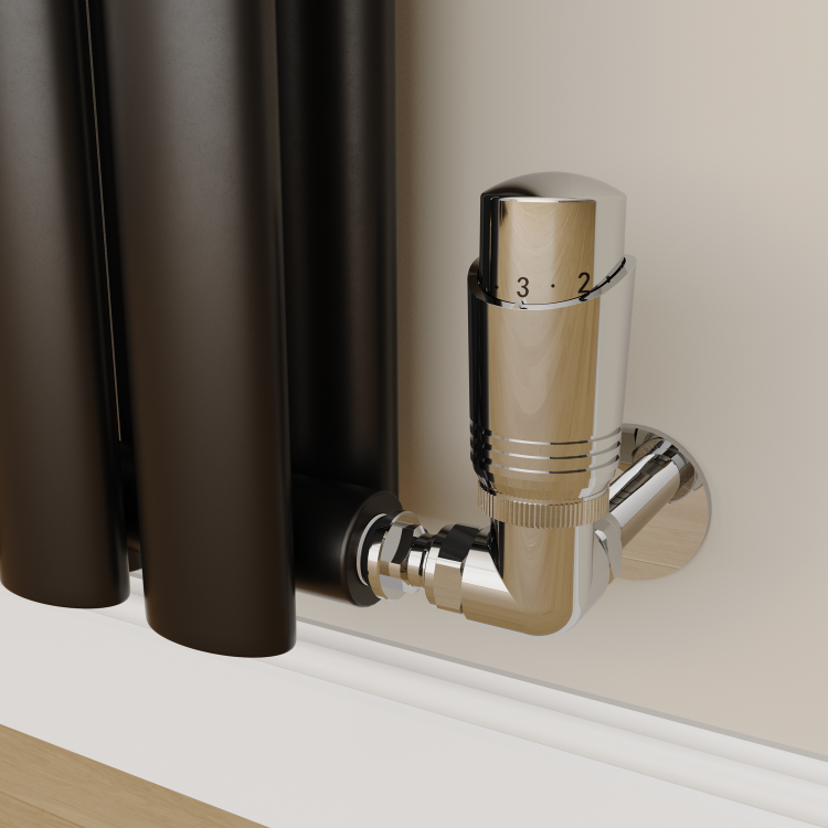 Elego Chrome Modern TRV Corner Thermostatic Radiator Valves With Lockshield
