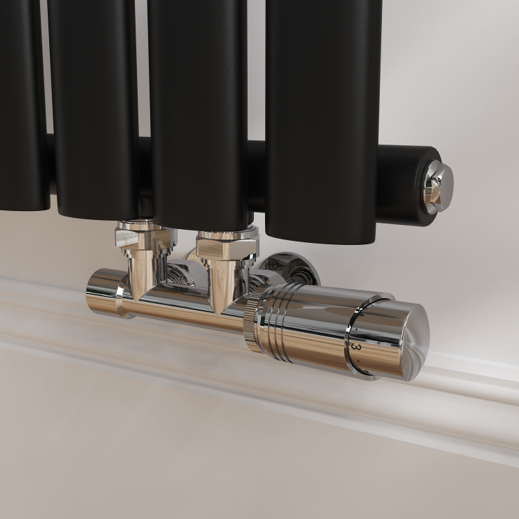 Elego Chrome Modern TRV H Block Angled Thermostatic Radiator Valves With Lockshield