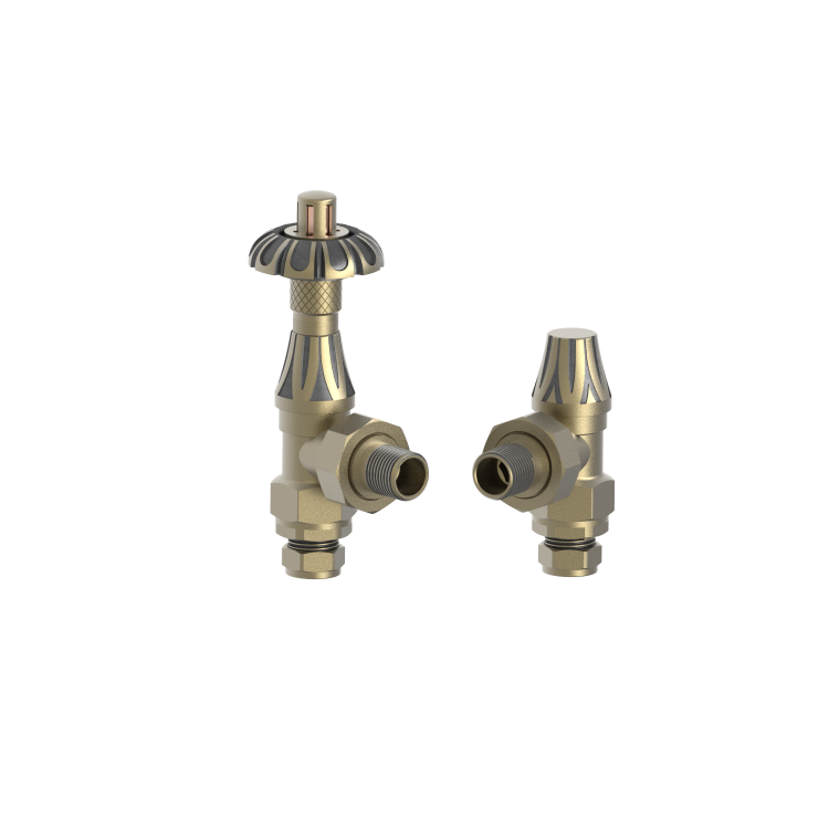 Maesta Antique Brass Traditional TRV Angled Thermostatic Radiator Valves With Lockshield