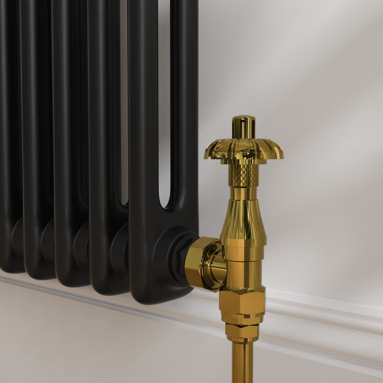 Maesta Brushed Brass Traditional TRV Angled Thermostatic Radiator Valves With Lockshield