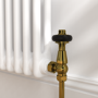 Maesta Brushed Brass Traditional TRV Angled Thermostatic Radiator Valves With Lockshield