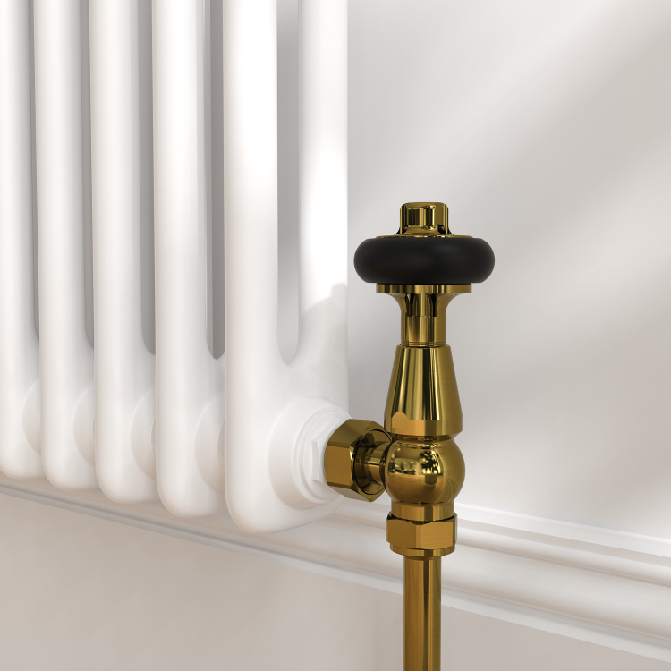 Maesta Brushed Brass Traditional TRV Angled Thermostatic Radiator Valves With Lockshield